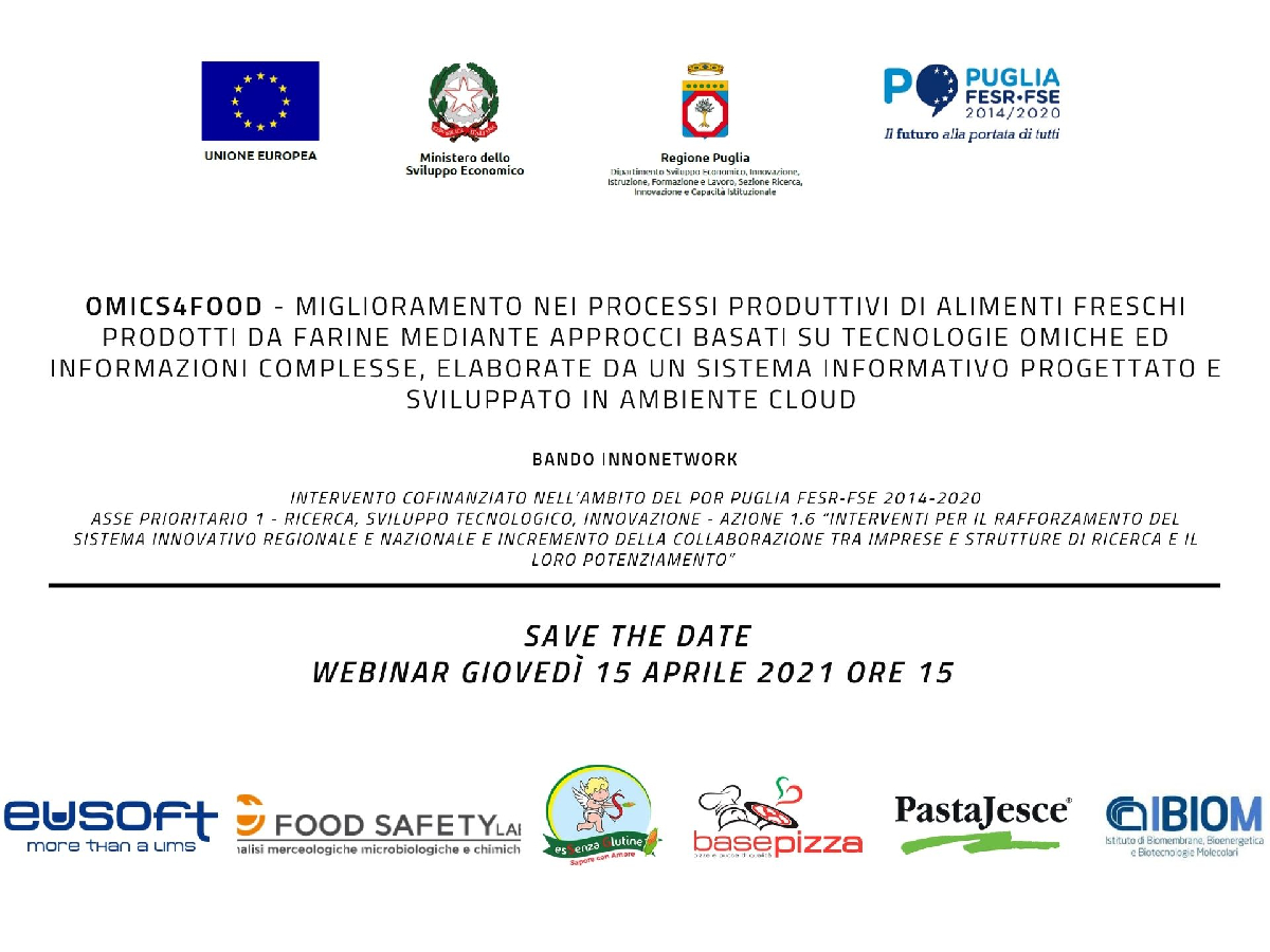 Webinar Progetto OMICS4FOOD - Giovedì 15 Aprile 2021 ore 15